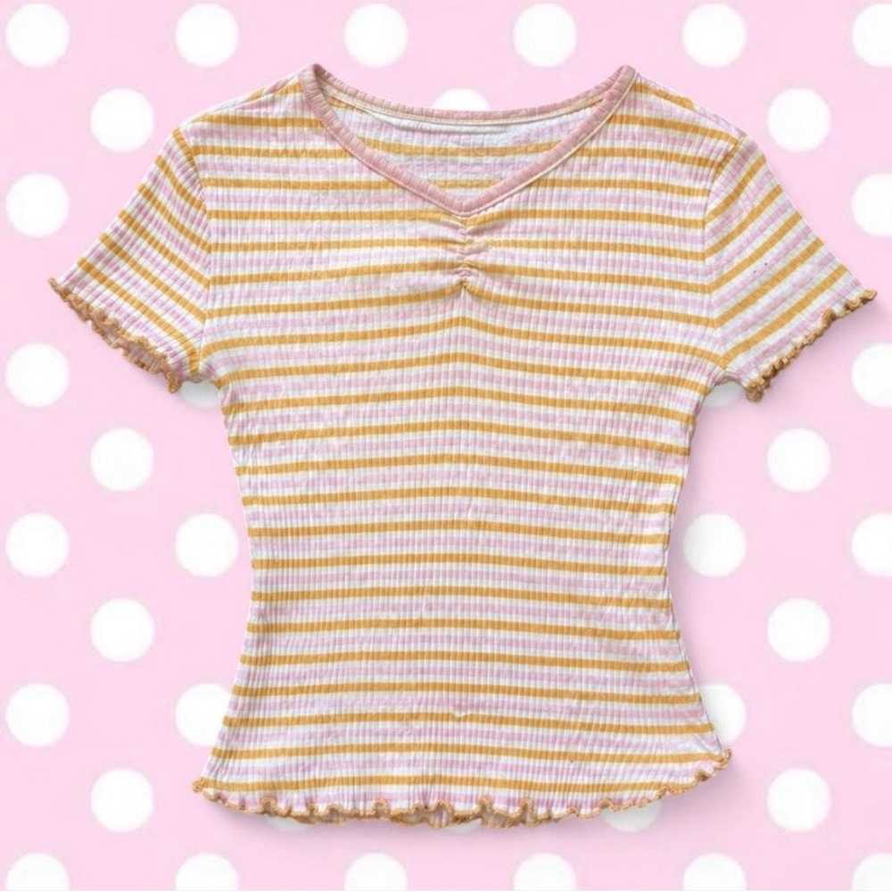 yellow and pink striped baby tee